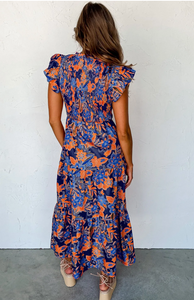 Pre-Order Blue Boho Floral V Neck Ruffle Tiered Long Dress