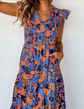 Load image into Gallery viewer, Pre-Order Blue Boho Floral V Neck Ruffle Tiered Long Dress