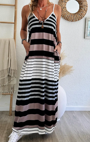 Multicolour Mixed Stripes Spaghetti Straps V Neck Maxi Dress