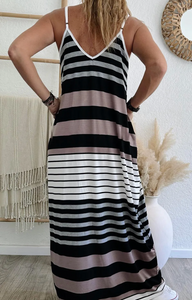 Multicolour Mixed Stripes Spaghetti Straps V Neck Maxi Dress