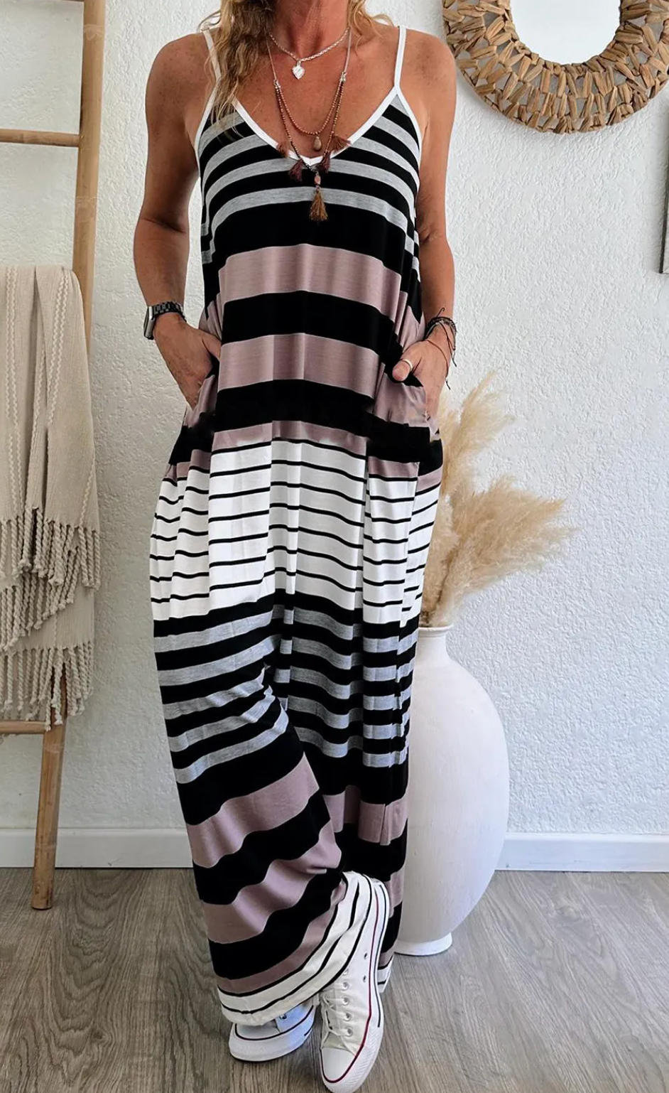 Multicolour Mixed Stripes Spaghetti Straps V Neck Maxi Dress