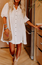 Load image into Gallery viewer, Pre-Order White Half Puff Sleeve Buttoned Shirt Mini Dress