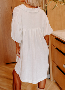 Pre-Order White Half Puff Sleeve Buttoned Shirt Mini Dress