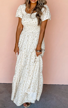 Load image into Gallery viewer, Pre-Order White Frilly Shirred Bodice Tiered Floral Maxi Dress