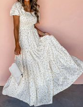 Load image into Gallery viewer, Pre-Order White Frilly Shirred Bodice Tiered Floral Maxi Dress