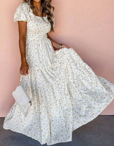 Pre-Order White Frilly Shirred Bodice Tiered Floral Maxi Dress