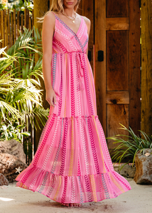 Pre-Order Pink Western Printed Tassel Tie V Neck Wrap Maxi Dress