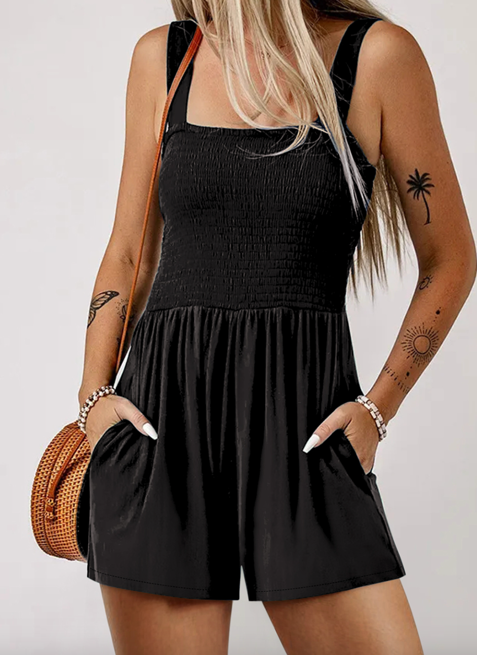 Pre-Order Black Casual Pocketed Smocked Sleeveless Romper