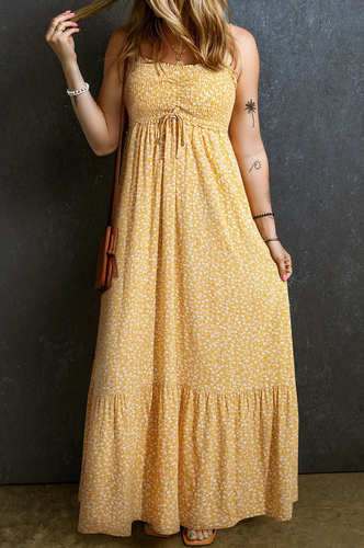 Pre-Order Yellow Frilly Smocked High Waist Floral Maxi Dress