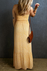 Pre-Order Yellow Frilly Smocked High Waist Floral Maxi Dress