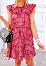 Load image into Gallery viewer, Pre-Order Red Clay Plaid Print Flutter Sleeve Ruffle Tiered Mini Dress
