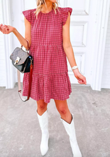 Load image into Gallery viewer, Pre-Order Red Clay Plaid Print Flutter Sleeve Ruffle Tiered Mini Dress