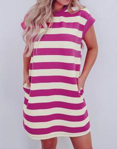 Stripe Cap Sleeve Pocketed Shift T-shirt Dress