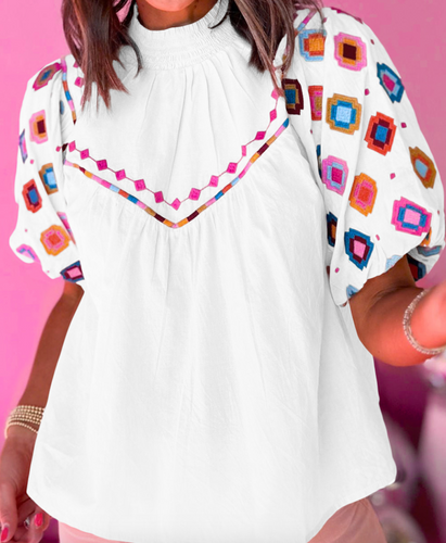 Embroidered Smocked Neck Puff Sleeve Top