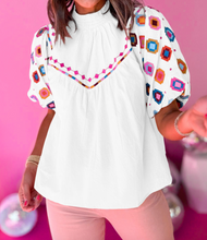 Load image into Gallery viewer, Embroidered Smocked Neck Puff Sleeve Top