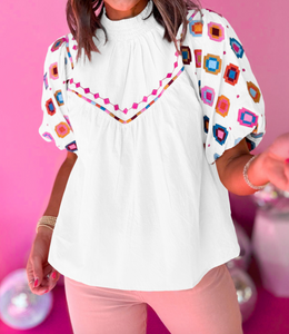 Embroidered Smocked Neck Puff Sleeve Top