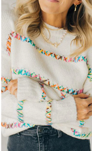 Pre-Order White Colorful Cross Stitch Drop Shoulder Sweater