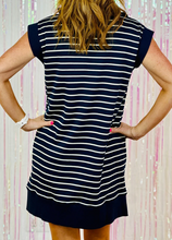 Load image into Gallery viewer, Pre-Order Navy Blue Striped Quarter Zip Collar Cap Sleeve Mini Dress