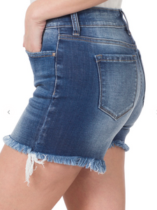 MID RISE RAW FRAYED HEM DENIM SHORTS