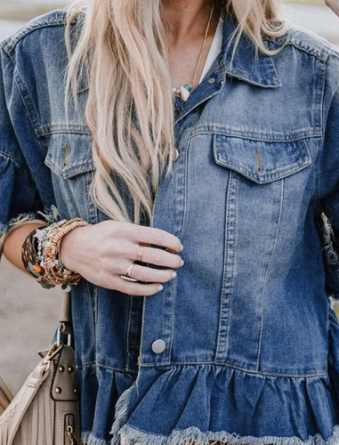Peacock Blue Raw Edge Ruffled Short Sleeve Denim Jacket