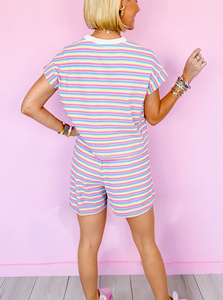 Pre-Order Purple Stripe Tee and Tassel Drawstring Shorts Set