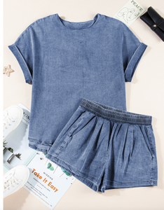 Pre-Order Light Blue Denim Cuffed Sleeve Tee Elastic Shorts Set