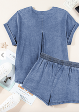 Load image into Gallery viewer, Pre-Order Light Blue Denim Cuffed Sleeve Tee Elastic Shorts Set