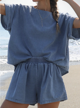 Load image into Gallery viewer, Pre-Order Light Blue Denim Cuffed Sleeve Tee Elastic Shorts Set