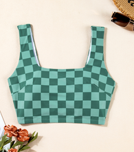 Load image into Gallery viewer, Pre-Order Green Checkered Print Square Neck Cropped Swim Top