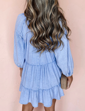 Load image into Gallery viewer, Pre-Order Beau Blue Puff Sleeve V Neck Tiered Ruffled Chambray Mini Dress