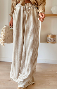 Khaki Stripe Print Wide Leg Drawstring Pants