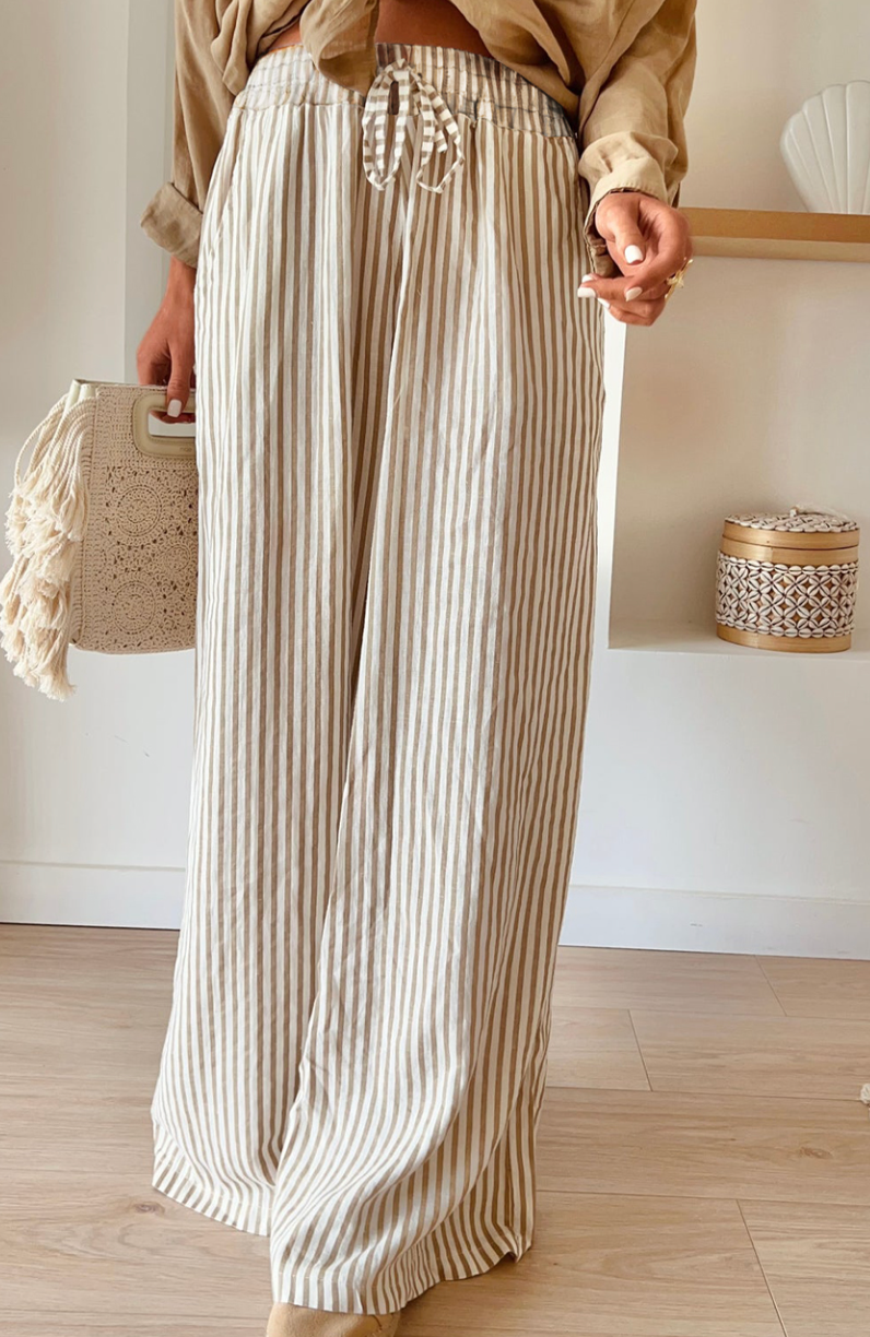 Khaki Stripe Print Wide Leg Drawstring Pants