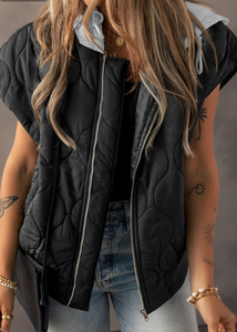 Black Quilted Drawstring Hooded Zip Up Puffer Vest