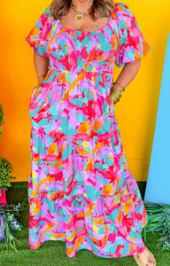 Pre-Order Multicolour Plus Size Floral Smocked Puff Sleeve Maxi Dress