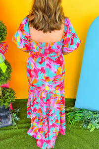 Pre-Order Multicolour Plus Size Floral Smocked Puff Sleeve Maxi Dress