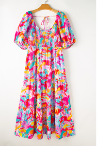 Pre-Order Multicolour Plus Size Floral Smocked Puff Sleeve Maxi Dress