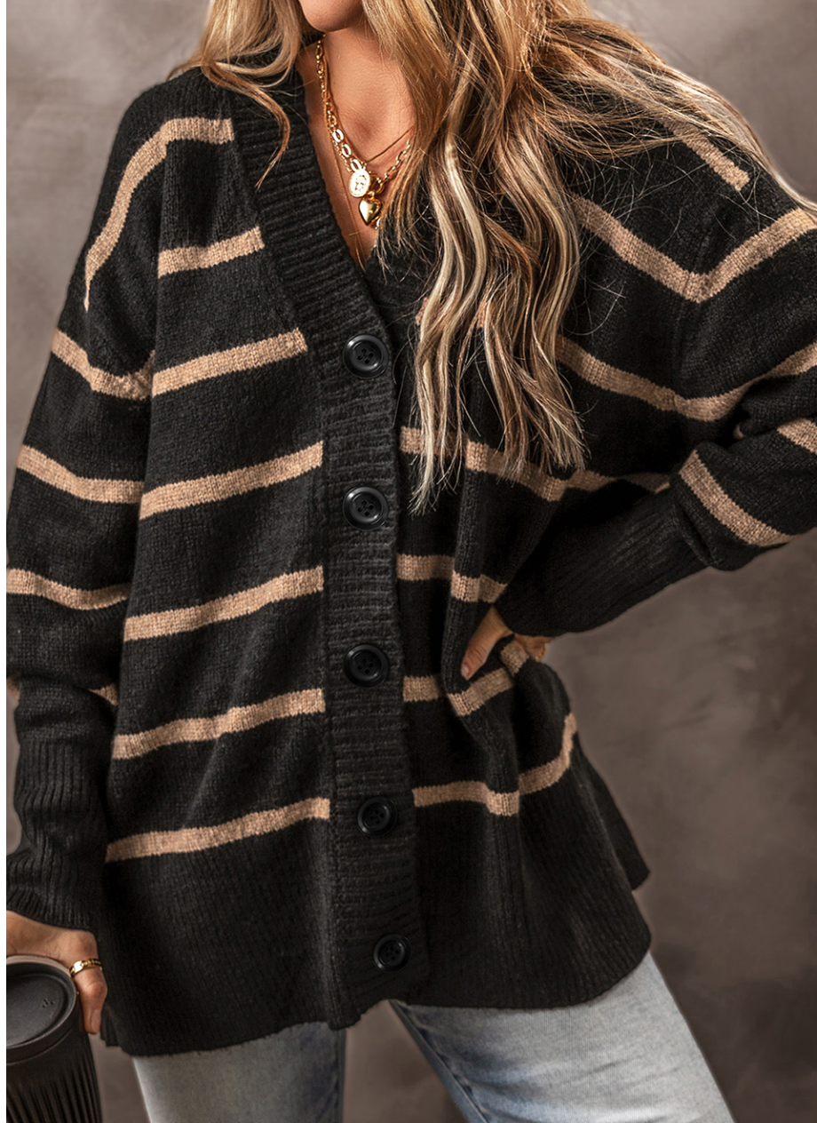 Black Stripe Buttoned V Neck Drop Shoulder Loose Cardigan