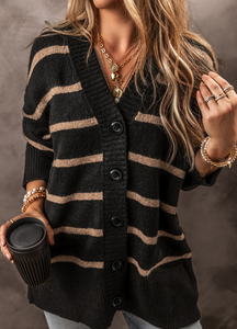 Black Stripe Buttoned V Neck Drop Shoulder Loose Cardigan