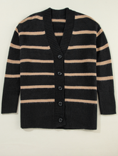 Load image into Gallery viewer, Black Stripe Buttoned V Neck Drop Shoulder Loose Cardigan