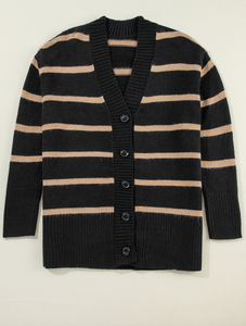 Black Stripe Buttoned V Neck Drop Shoulder Loose Cardigan