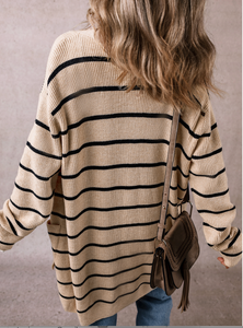 Black Stripe Shawl Neckline Open Cardigan with Pockets