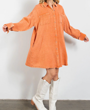 Load image into Gallery viewer, Orange Crinkled Dual Chest Pocket Oversized Shirt Dress