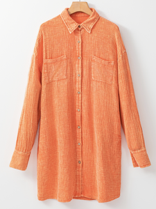 Orange Crinkled Dual Chest Pocket Oversized Shirt Dress