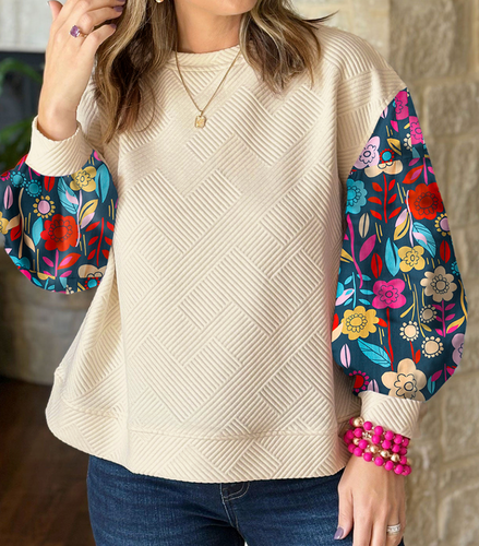 Pre-Order Contrast Floral Sleeve Textured Drop Shoulder Knit Top