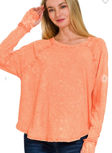 Coral Crinkle Washed Scoop Neck Long Sleeve Top