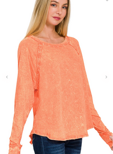 Coral Crinkle Washed Scoop Neck Long Sleeve Top