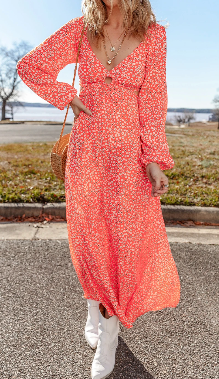 Pre-Order Red Floral Long Puff Sleeve V Neck Hollow Out Dress – Worn &  Refined