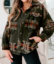 Load image into Gallery viewer, Pre-Order Green Aztec Print Flap Pockets Long Sleeve Shacket