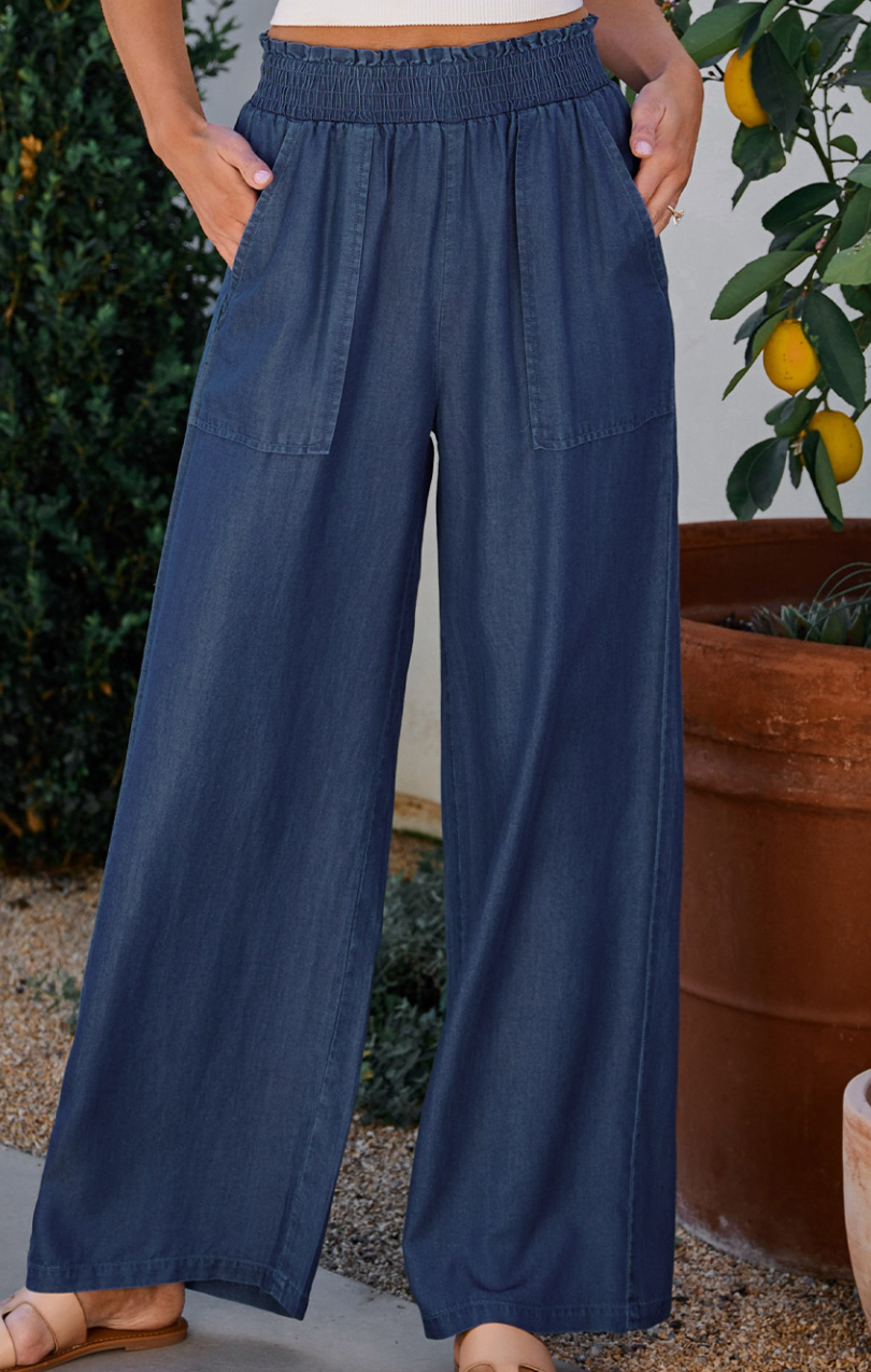 Side Pockets Frilled Smocked High Waist Wide Leg Jeans