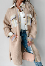 Load image into Gallery viewer, Pre-Order Smoke Gray Plaid Patchwork Collared Button-up Sherpa Long Coat